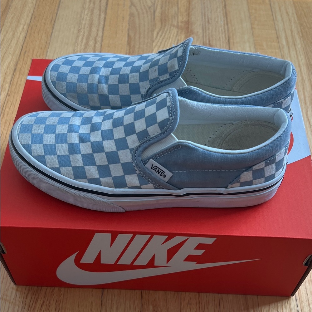 Vans Kids Light Blue Checkered Slip-On Sneakers, gently used.
